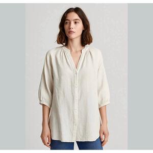 Zara women linen blend shirt tunic button down Beige Natural M and L